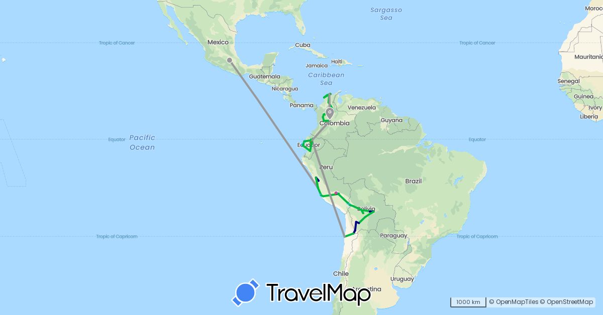 TravelMap itinerary: driving, bus, plane, train, hiking, boat in Bolivia, Chile, Colombia, Ecuador, Mexico, Peru (North America, South America)